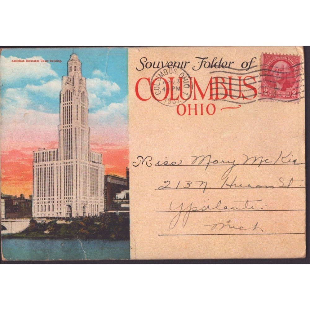 Columbus Ohio OH American Insurance Union Building Souvenir Folder Postcard 1931